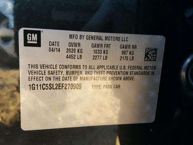 1G11C5SL2EF270909 - 2014 CHEVROLET MALIBU 1LT BLACK photo 10