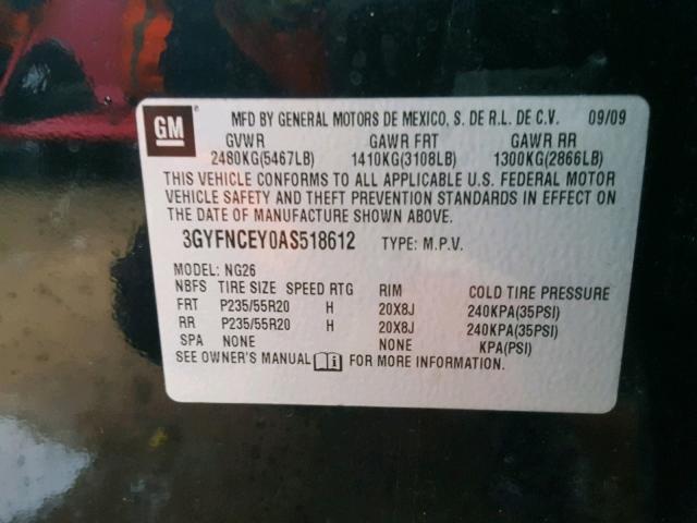 3GYFNCEY0AS518612 - 2010 CADILLAC SRX PREMIU BLACK photo 10