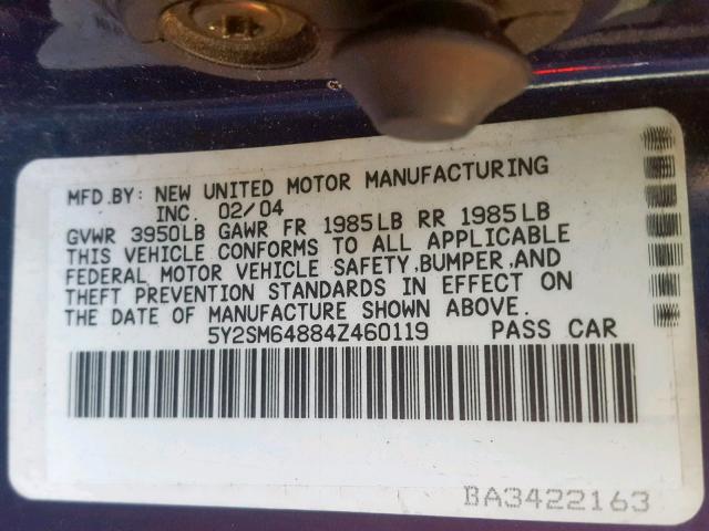 5Y2SM64884Z460119 - 2004 PONTIAC VIBE BLUE photo 10