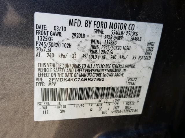 2FMDK4KC7ABB37992 - 2010 FORD EDGE LIMIT GRAY photo 10