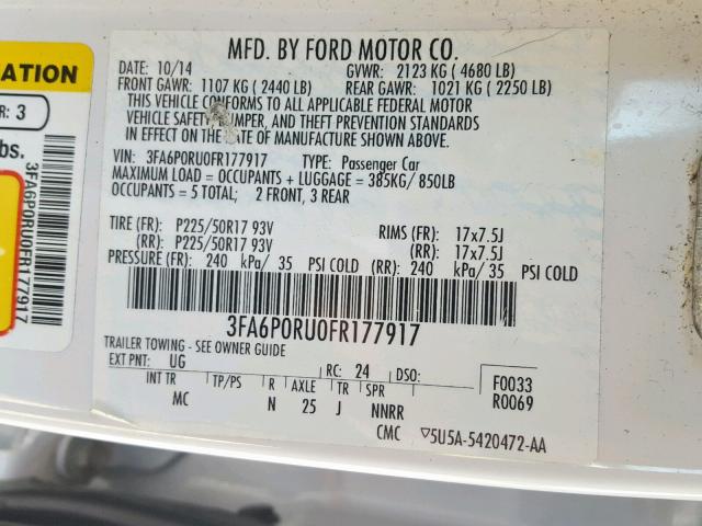 3FA6P0RU0FR177917 - 2015 FORD FUSION TIT WHITE photo 10