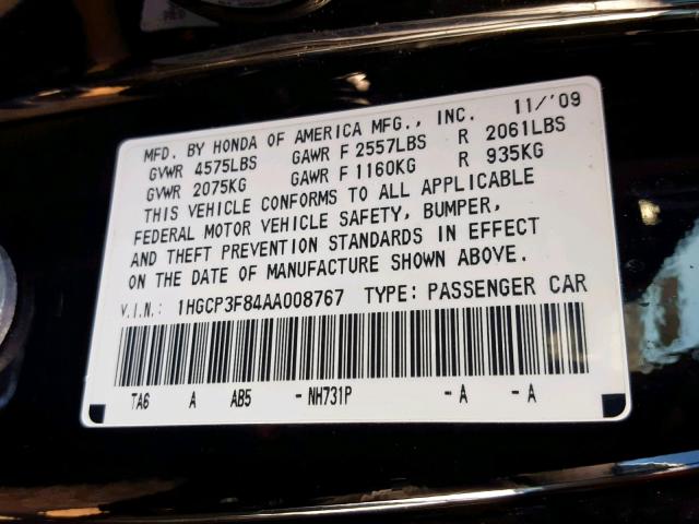 1HGCP3F84AA008767 - 2010 HONDA ACCORD EXL BLACK photo 10