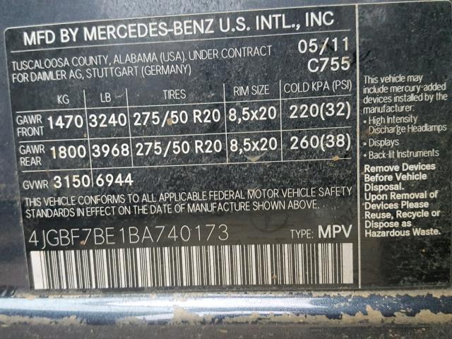 4JGBF7BE1BA740173 - 2011 MERCEDES-BENZ GL 450 4MA SILVER photo 10