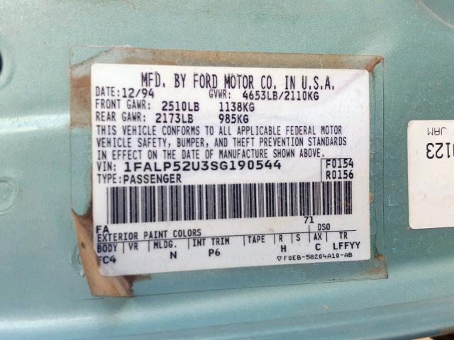 1FALP52U3SG190544 - 1995 FORD TAURUS GL BLUE photo 10