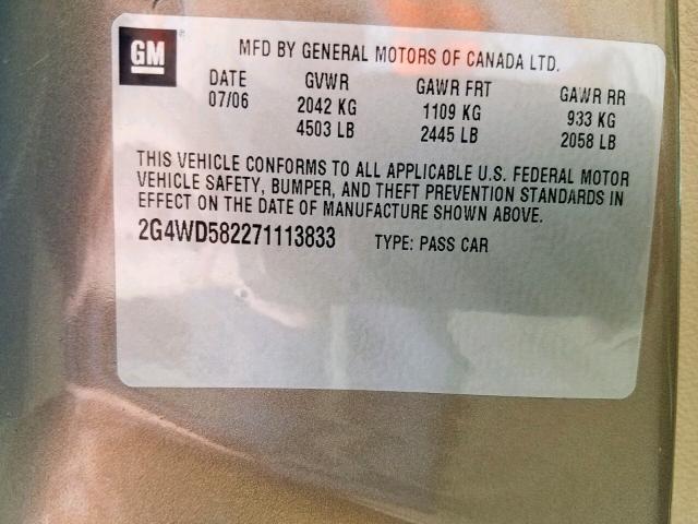 2G4WD582271113833 - 2007 BUICK LACROSSE C BEIGE photo 10