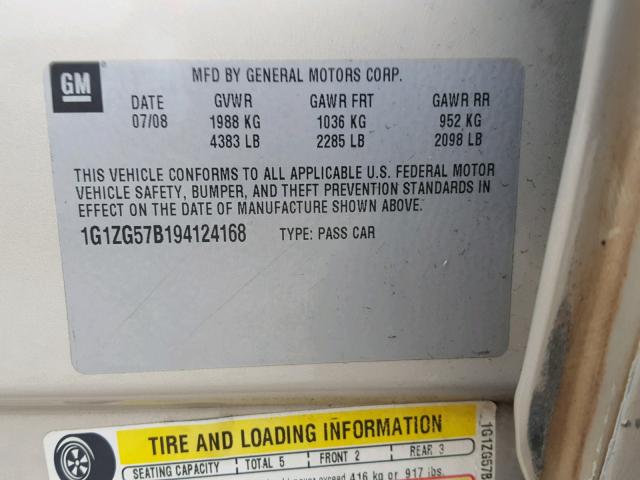 1G1ZG57B194124168 - 2009 CHEVROLET MALIBU LS GOLD photo 10