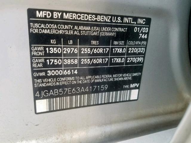 4JGAB57E63A417159 - 2003 MERCEDES-BENZ ML 350 SILVER photo 10