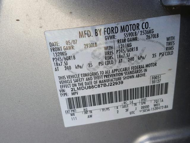 2LMDU88C87BJ22939 - 2007 LINCOLN MKX GRAY photo 10