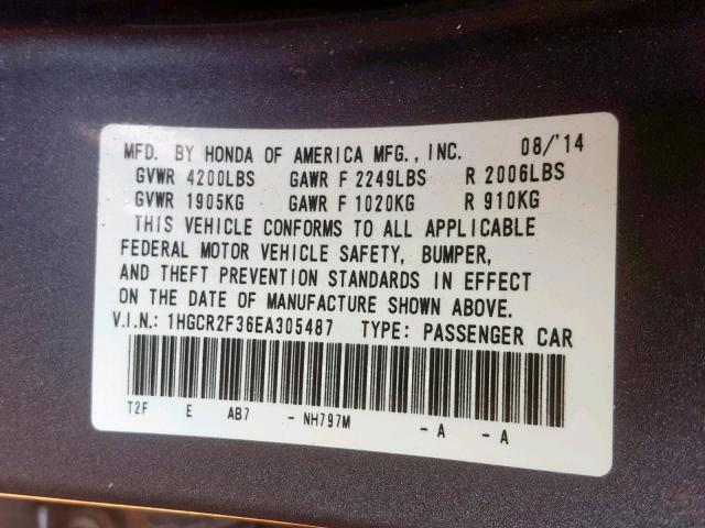 1HGCR2F36EA305487 - 2014 HONDA ACCORD LX GRAY photo 10