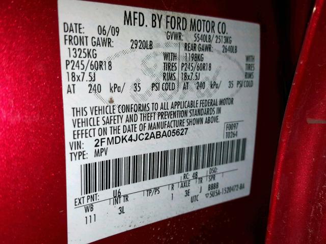 2FMDK4JC2ABA05627 - 2010 FORD EDGE SEL RED photo 10