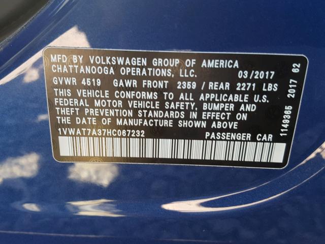 1VWAT7A37HC067232 - 2017 VOLKSWAGEN PASSAT S BLUE photo 10