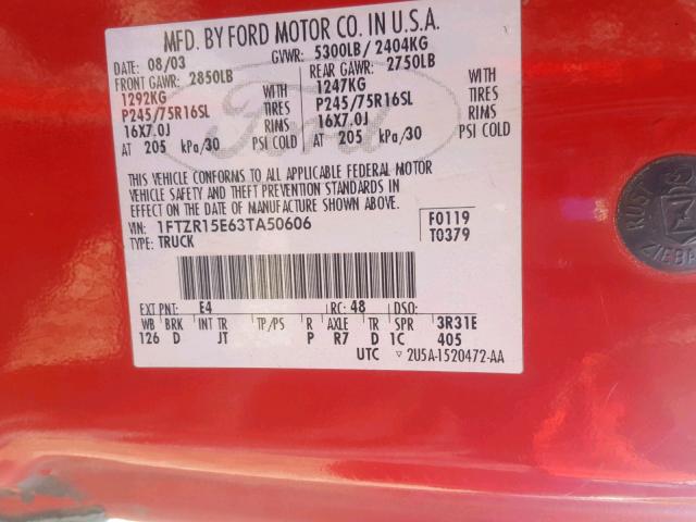 1FTZR15E63TA50606 - 2003 FORD RANGER SUP RED photo 10