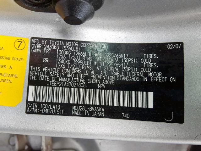 JTEEP21A470218081 - 2007 TOYOTA HIGHLANDER SILVER photo 10