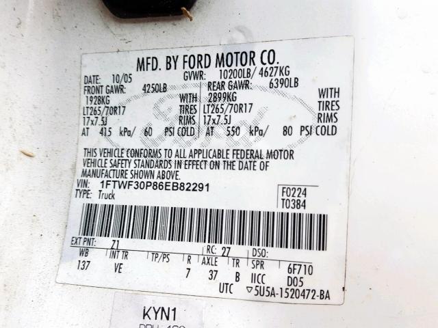 1FTWF30P86EB82291 - 2006 FORD F350 SRW S WHITE photo 10