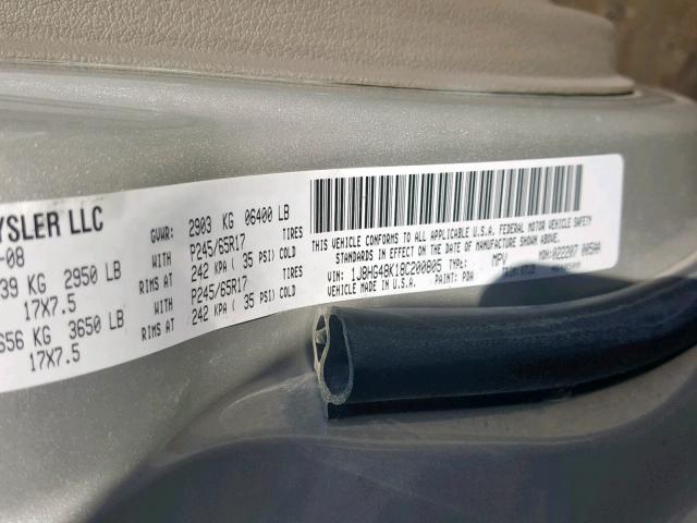 1J8HG48K18C200805 - 2008 JEEP COMMANDER ნაცრისფერი ფოტო 10