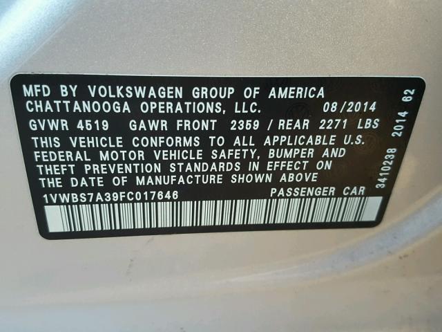 1VWBS7A39FC017646 - 2015 VOLKSWAGEN PASSAT SE SILVER photo 10