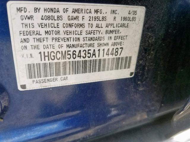 1HGCM56435A114487 - 2005 HONDA ACCORD LX BLUE photo 10