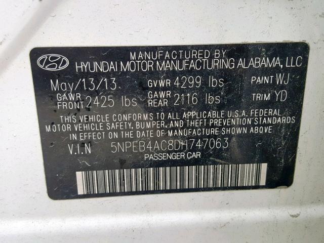 5NPEB4AC8DH747063 - 2013 HYUNDAI SONATA GLS WHITE photo 10