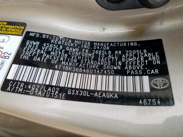 4T1BK36B46U147450 - 2006 TOYOTA AVALON GOLD photo 10