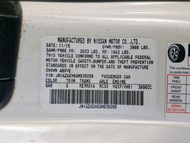 JN1AZ4EH6GM935058 - 2016 NISSAN 370Z BASE WHITE photo 10