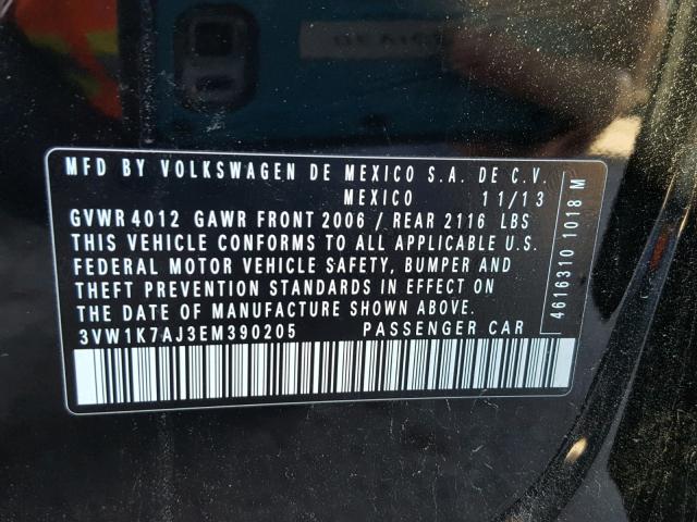 3VW1K7AJ3EM390205 - 2014 VOLKSWAGEN JETTA BASE Սև լուսանկար 10