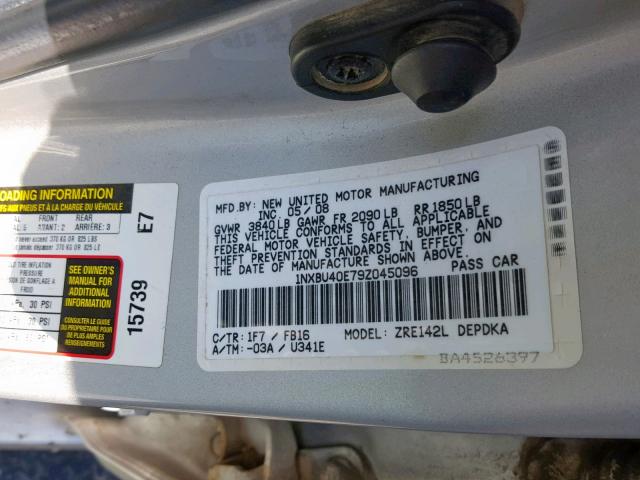 1NXBU40E79Z045096 - 2009 TOYOTA COROLLA BA SILVER photo 10