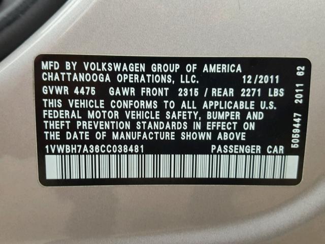 1VWBH7A36CC038481 - 2012 VOLKSWAGEN PASSAT SE GRAY photo 10