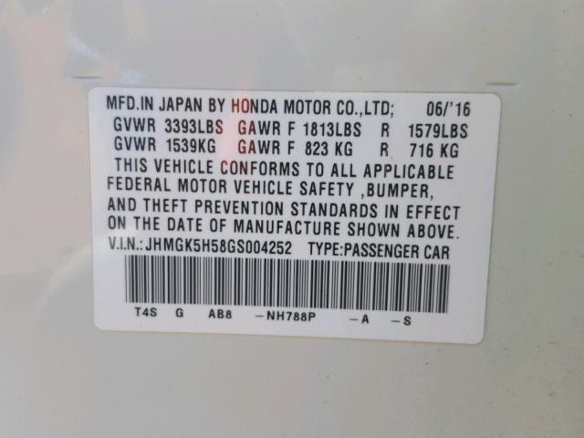 JHMGK5H58GS004252 - 2016 HONDA FIT LX WHITE photo 10