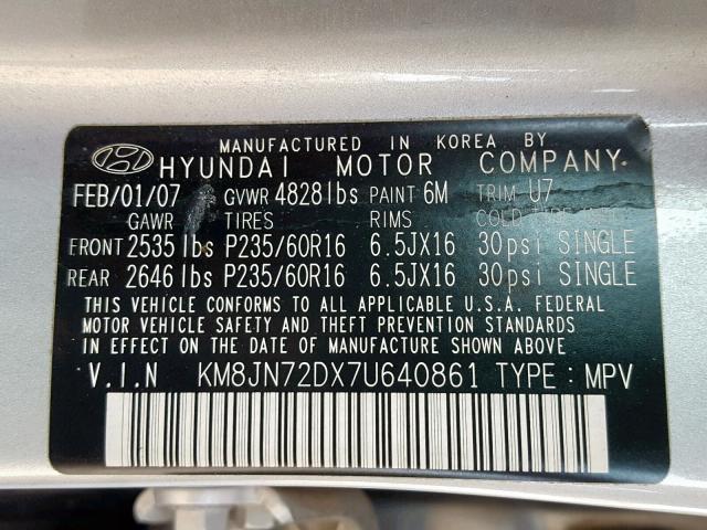 KM8JN72DX7U640861 - 2007 HYUNDAI TUCSON SE SILVER photo 10