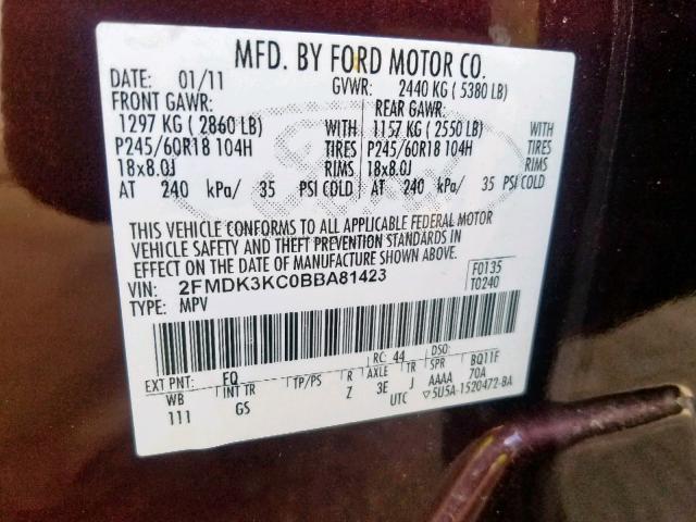 2FMDK3KC0BBA81423 - 2011 FORD EDGE LIMIT RED photo 10