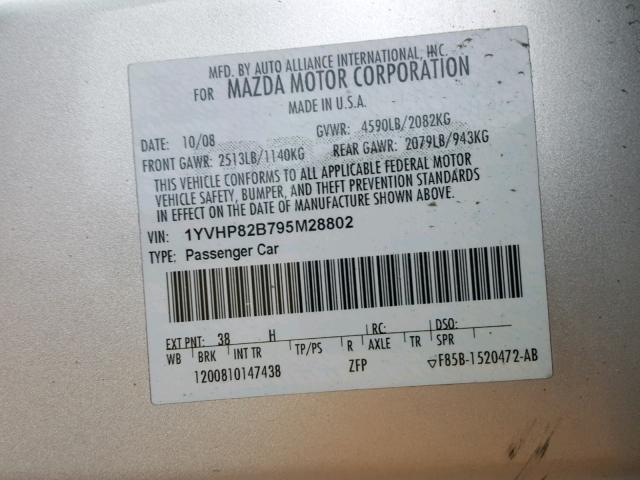 1YVHP82B795M28802 - 2009 MAZDA 6 S SILVER photo 10