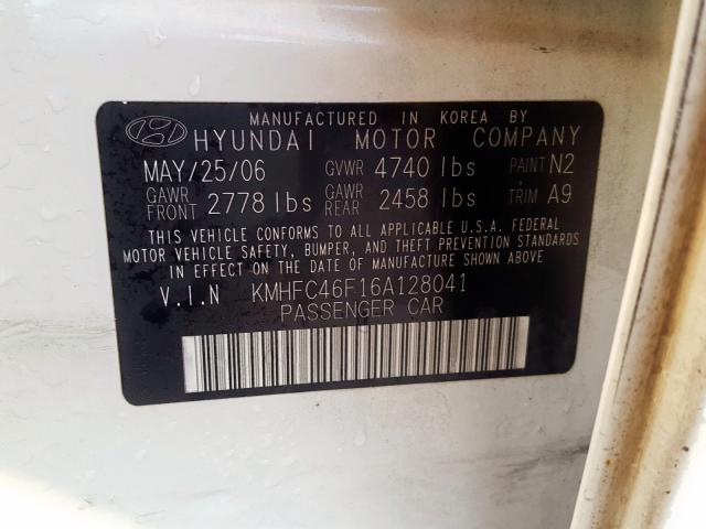 KMHFC46F16A128041 - 2006 HYUNDAI AZERA SE WHITE photo 10