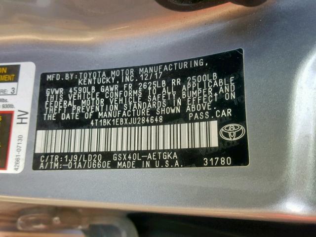 4T1BK1EBXJU284648 - 2018 TOYOTA AVALON XLE SILVER photo 10