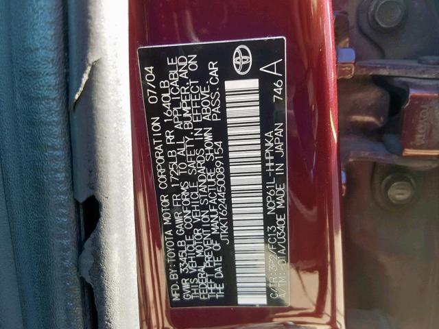 JTKKT624450089154 - 2005 TOYOTA SCION XA MAROON photo 10