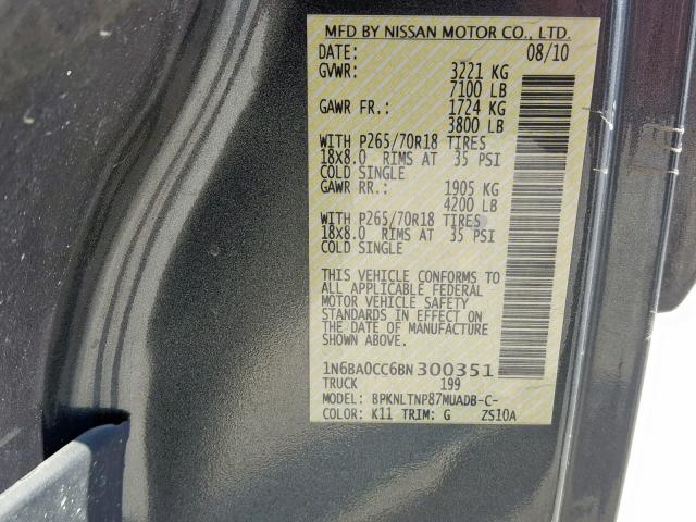 1N6BA0CC6BN300351 - 2011 NISSAN TITAN S GRAY photo 10