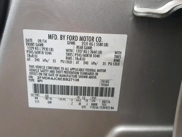 2FMDK4JC8EBB27138 - 2014 FORD EDGE SEL GRAY photo 10