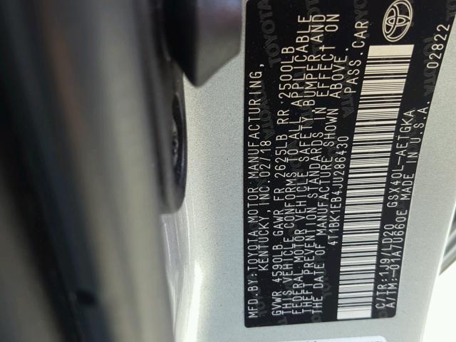 4T1BK1EB4JU286430 - 2018 TOYOTA AVALON XLE SILVER photo 10