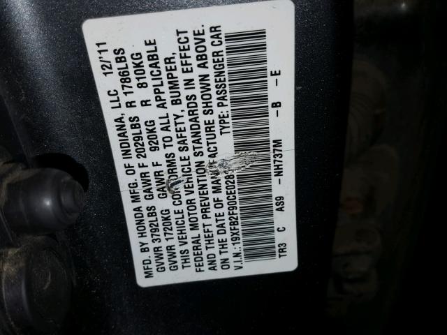 19XFB2F90CE028687 - 2012 HONDA CIVIC EXL GRAY photo 10