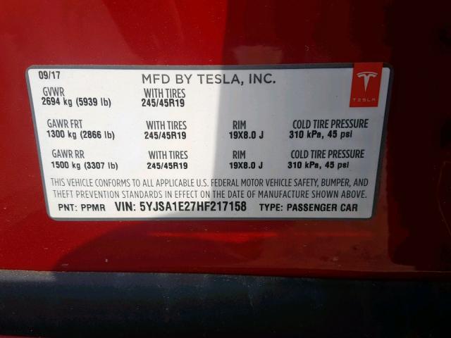 5YJSA1E27HF217158 - 2017 TESLA MODEL S MAROON photo 10