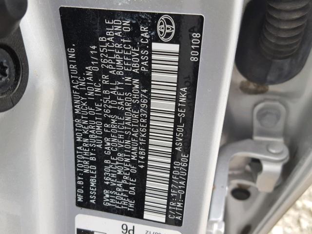 4T4BF1FK6ER379674 - 2014 TOYOTA CAMRY L SILVER photo 10