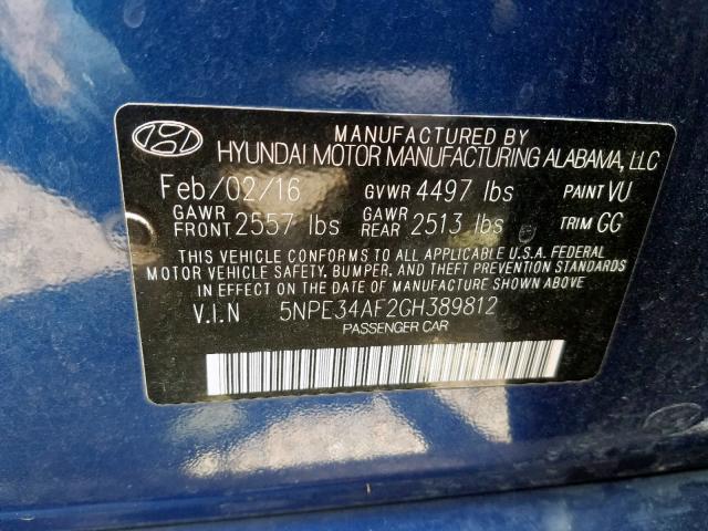 5NPE34AF2GH389812 - 2016 HYUNDAI SONATA SPO BLUE photo 10