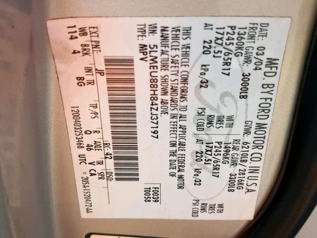 5LMEU88H84ZJ37197 - 2004 LINCOLN AVIATOR 银色 照片 10