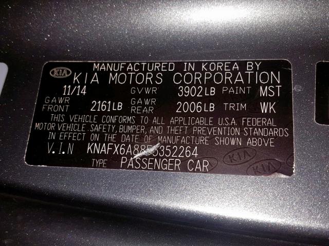 KNAFX6A88F5352264 - 2015 KIA FORTE EX GRAY photo 10