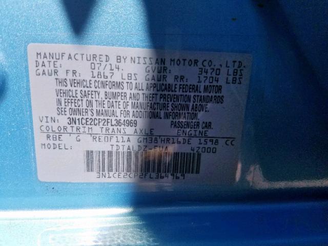 3N1CE2CP2FL364969 - 2015 NISSAN VERSA NOTE BLUE photo 10