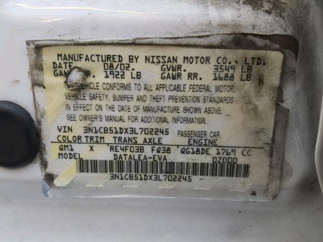 3N1CB51DX3L702245 - 2003 NISSAN SENTRA XE WHITE photo 10