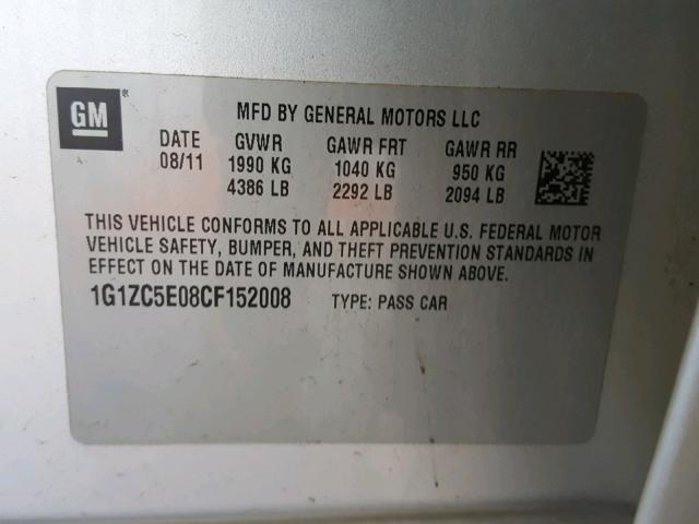 1G1ZC5E08CF152008 - 2012 CHEVROLET MALIBU 1LT ვერცხლისფერი ფოტო 10