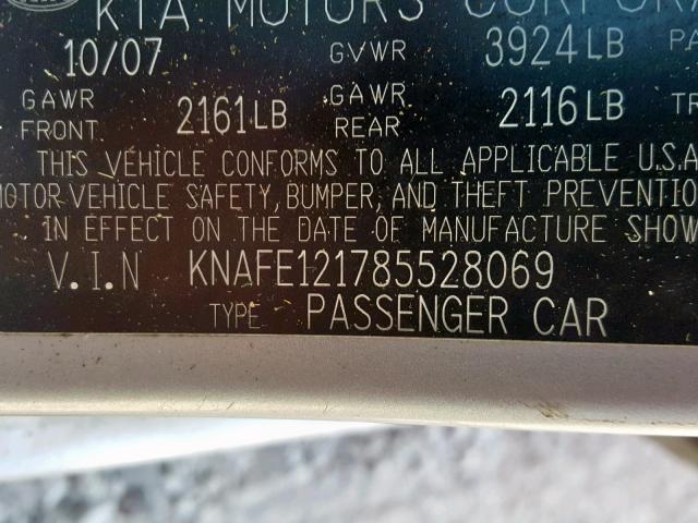 KNAFE121785528069 - 2008 KIA SPECTRA EX GRAY photo 10