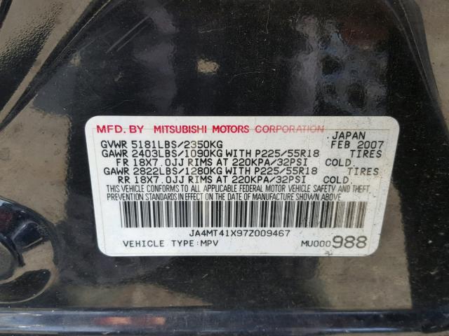 JA4MT41X97Z009467 - 2007 MITSUBISHI OUTLANDER BLACK photo 10