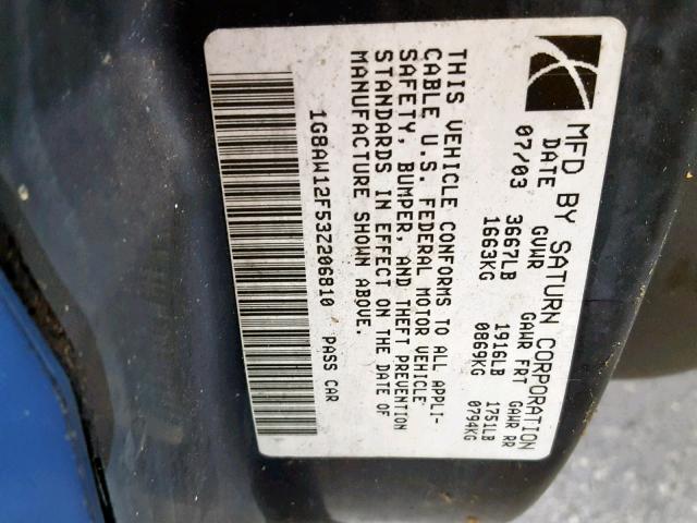1G8AW12F53Z206810 - 2003 SATURN ION LEVEL BLUE photo 10