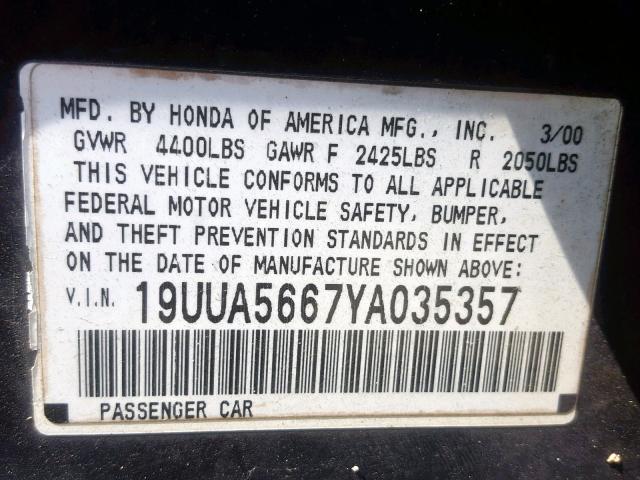 19UUA5667YA035357 - 2000 ACURA 3.2TL BLUE photo 10